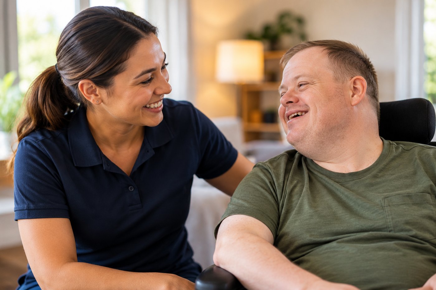 A smiling support worker sharing a laugh with a man in a wheelchair at home