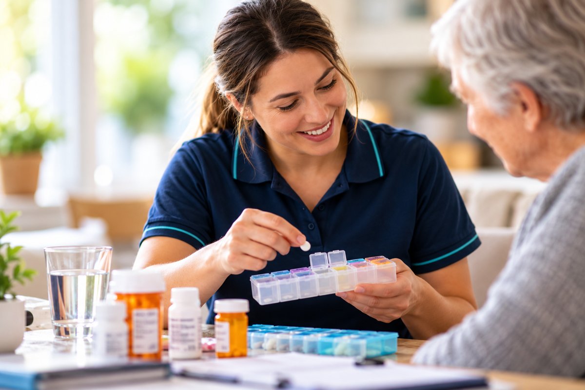 A smiling support worker helping an older man sort his tablets into a weekly pill organiser